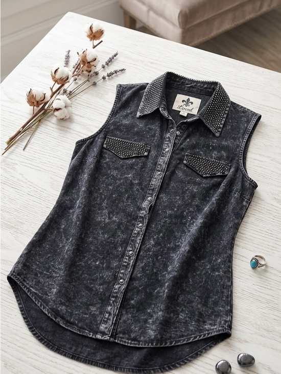 Vocal Tops - Vocal Black Mineral-Wash Sleeveless Studded Button-Down Shirt - Biker Apparel